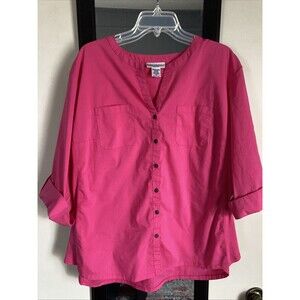 Rebecca Malone Women’s Blouse Hot Pink Size 3X Button Front Stretch 3/4 Sleeves